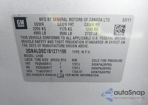 2011 Chevrolet Equinox 1Lt z USA, uszkodzony, nr VIN 2GNALDEC1B1271198